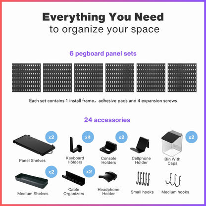 Keepo Peg Board Wall Organizer for Gaming Setup, Pegboard with Adhesives & Screw Mounts, Includes Peg Board Accessories for Gaming Accessories, Tech Storage & Office Organization (Black, 33″×22″)
