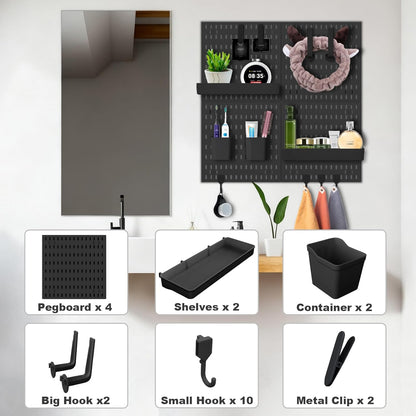 Wall Organizer Pegboard Kit, Wall Control Peg Board with 18 Pcs Accessories, 4 Pack Plastic Wall Mount Display Storage Panels for Kitchen Bathroom Craft Room Office Organization, 23.6 Inches (White)