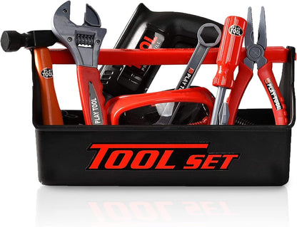 Playkidz Tool Box for Kids 22-Piece Boys & Girls Construction Toy Playset w/ Carry Chest, Working Push Button Power Drill, Hammer, Screwdriver, Wrench, Pliers, Saw & Other Realistic Tools Ages 3+