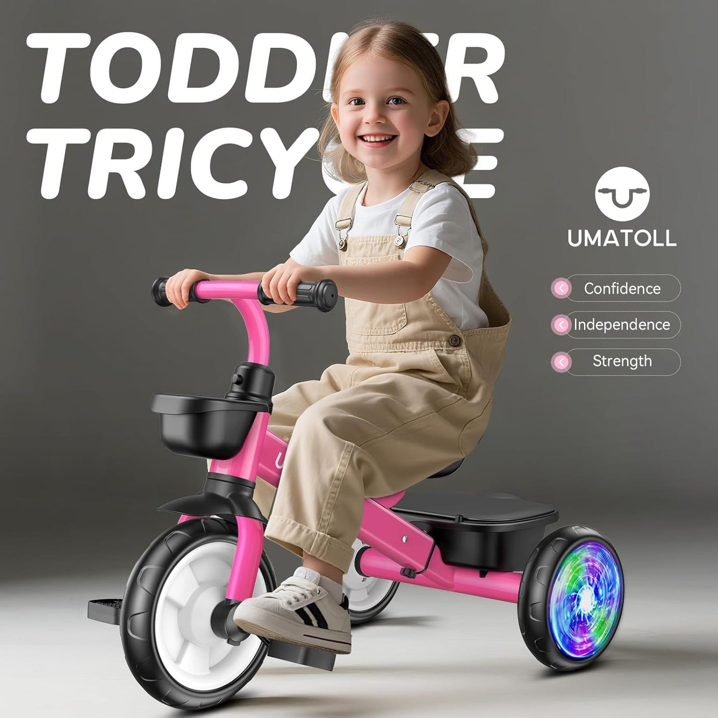Umatoll Tricycle for Toddlers 2-5 Year Old, Ajustable Toddler Bike Outdoor Toys, Birthday Gift for Girl Age 2-4, Trike with Light up Wheels