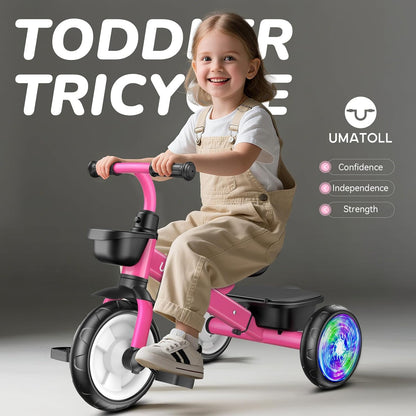 Umatoll Tricycle for Toddlers 2-5 Year Old, Ajustable Toddler Bike Outdoor Toys, Birthday Gift for Girl Age 2-4, Trike with Light up Wheels