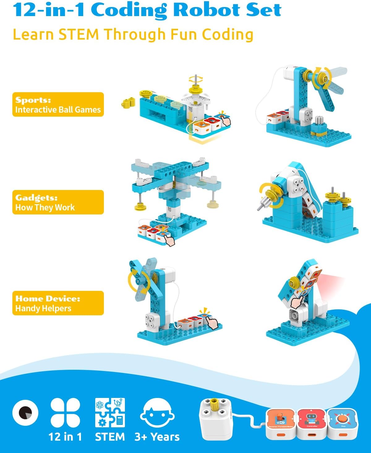 WhalesBot A1 Coding Toy for Kids, Building Block Robot, Fun STEM Toy with Magnetic Controller and Sensor Blocks, Screen-Free Coding with 3 Guide Books for Kids 3-6