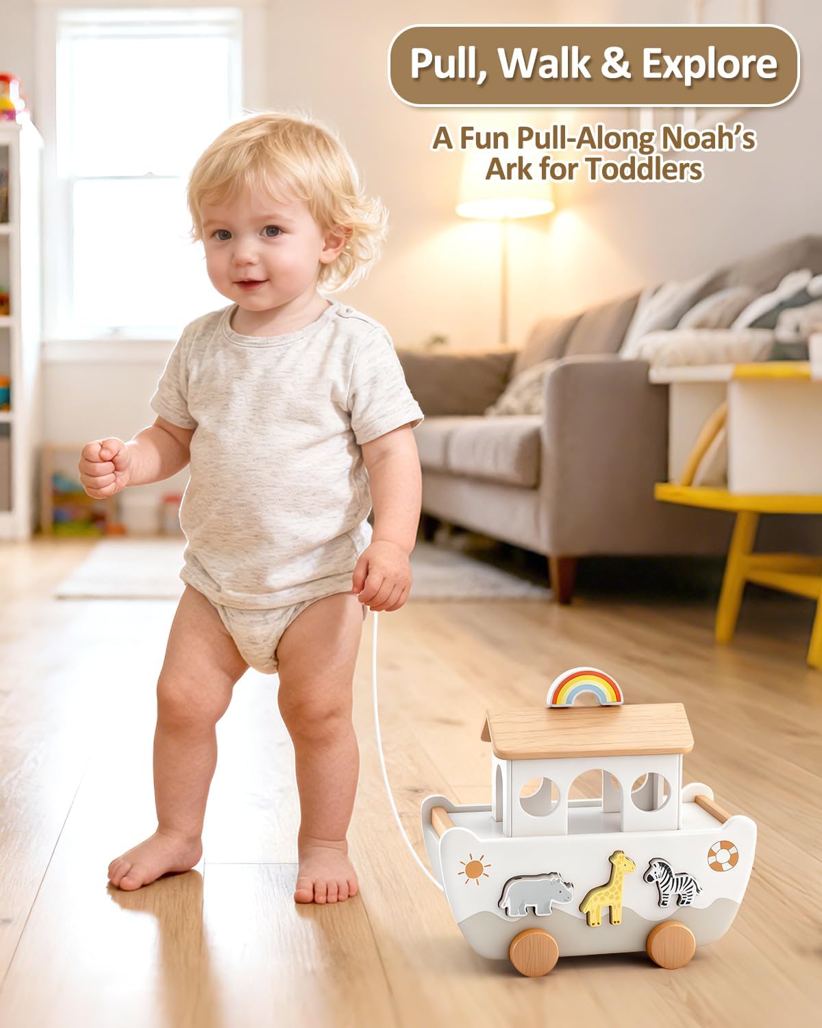Wooden Noah’s Ark Toy for Toddlers 1-3, Baptism Christening Gifts for Boys Girls, Christian Toy Animal Shape Sorter, Baby Birthday