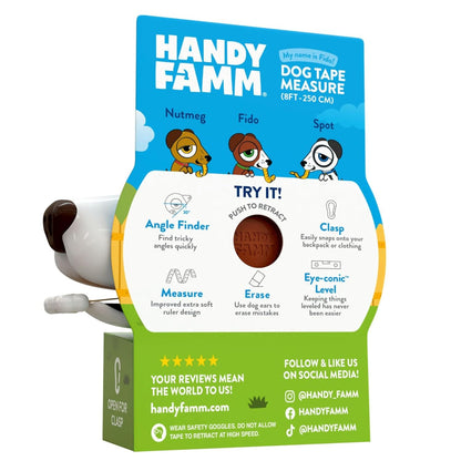Handy Famm Roscoe the Dog 4-in-1 Kids Tape Measure with Adjustable Level Eye, Angle Finder & Eraser Ears – Montessori STEM Educational Toy for Children Ages 3+, Real Measuring Tool for Learning