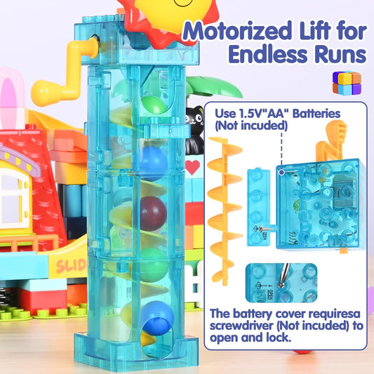 Kid Marble Run Building Blocks with Elevator Spiral Lift,Gift Toy Bricks Marble Maze Ball Race Track Set with Motorized Elevator,Big Blocks Educational STEM for 3 4 5 6 7 8 Year Old Boys Girls