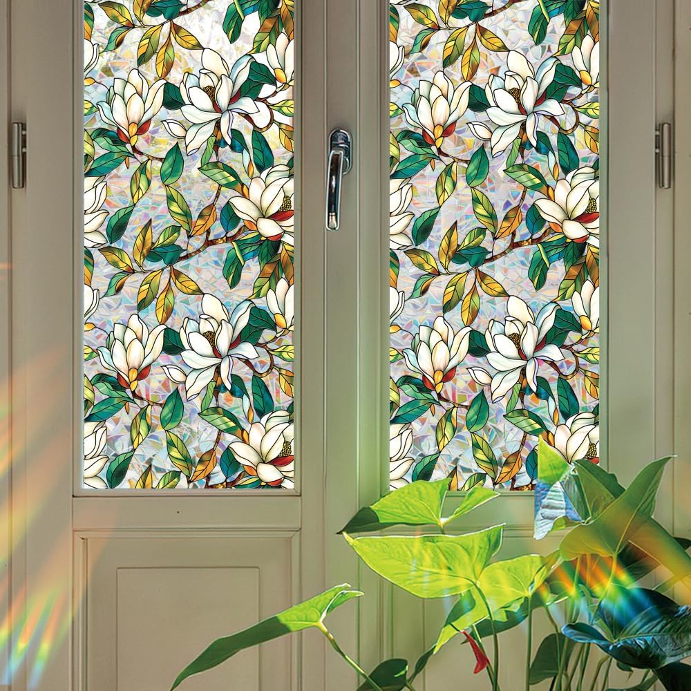 Flower Stained Glass Window Film Decorative Static Cling Stickers Sun Blocking Privacy Decals for Home Car White Lily