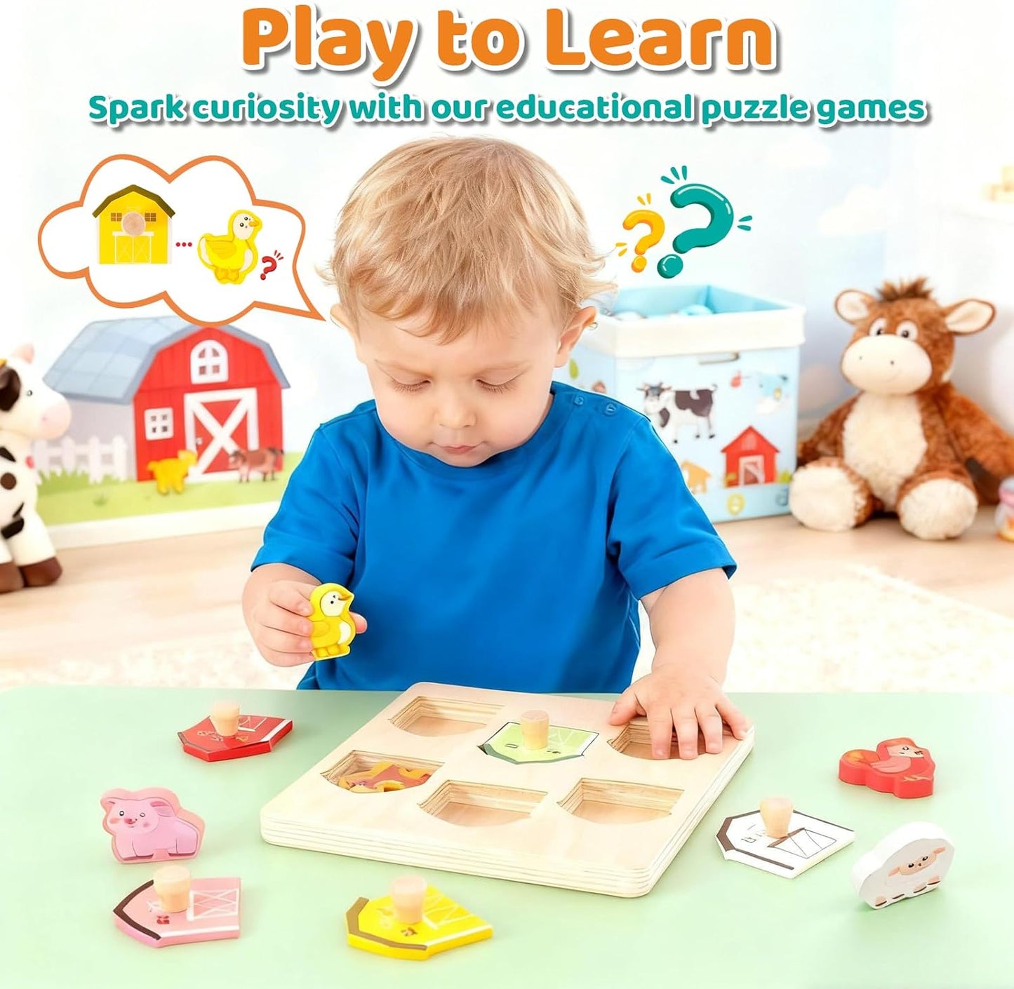 Wooden Puzzles for Toddlers 1-3, Animal Match Farm Peg Puzzle for Toddlers Age 1+, Montessori Toys for 1 2 Year Old, Knob Puzzle Birthday Gift, Preschoool Learning Toys