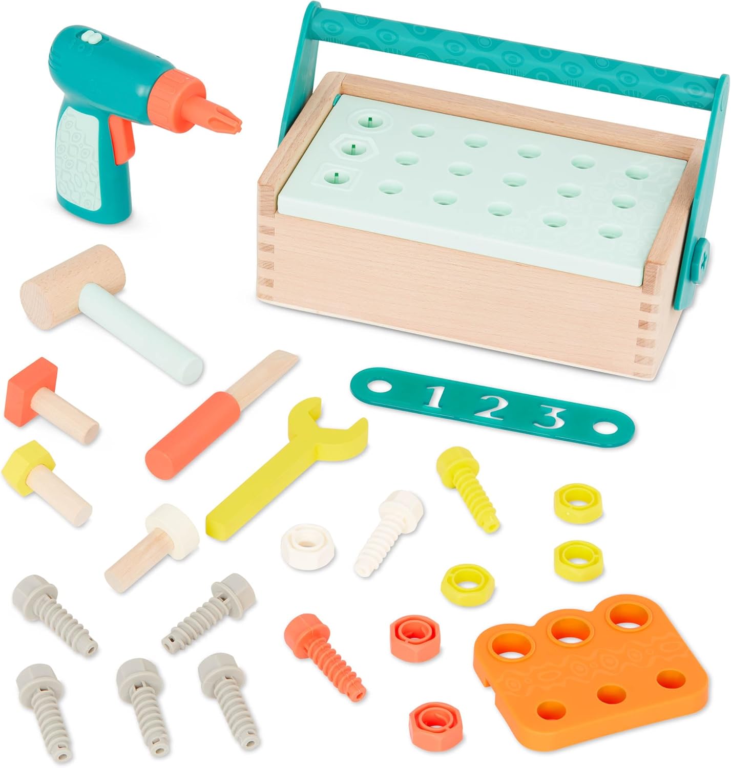 B. toys – Fix ‘n’ Play Kit – Pretend Play Tool Box – Wooden Toolbox & Accessories (25 Pieces) – Carpenter Set for Kids – Play Set with Drill, Hammer, Screwdriver & More – 3+ Years