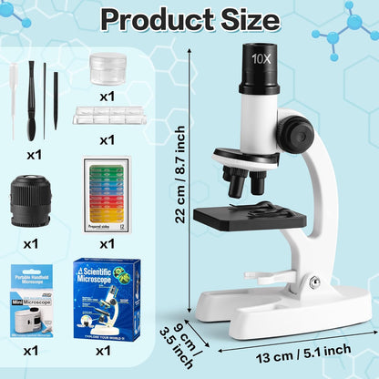 Science Microscope Kits - 80X-1200X Zoom with LED Light, White Beginner Microscope Set with Slides and Phone Holder, Science Educational Tool for Nature Study & Birthday Gift