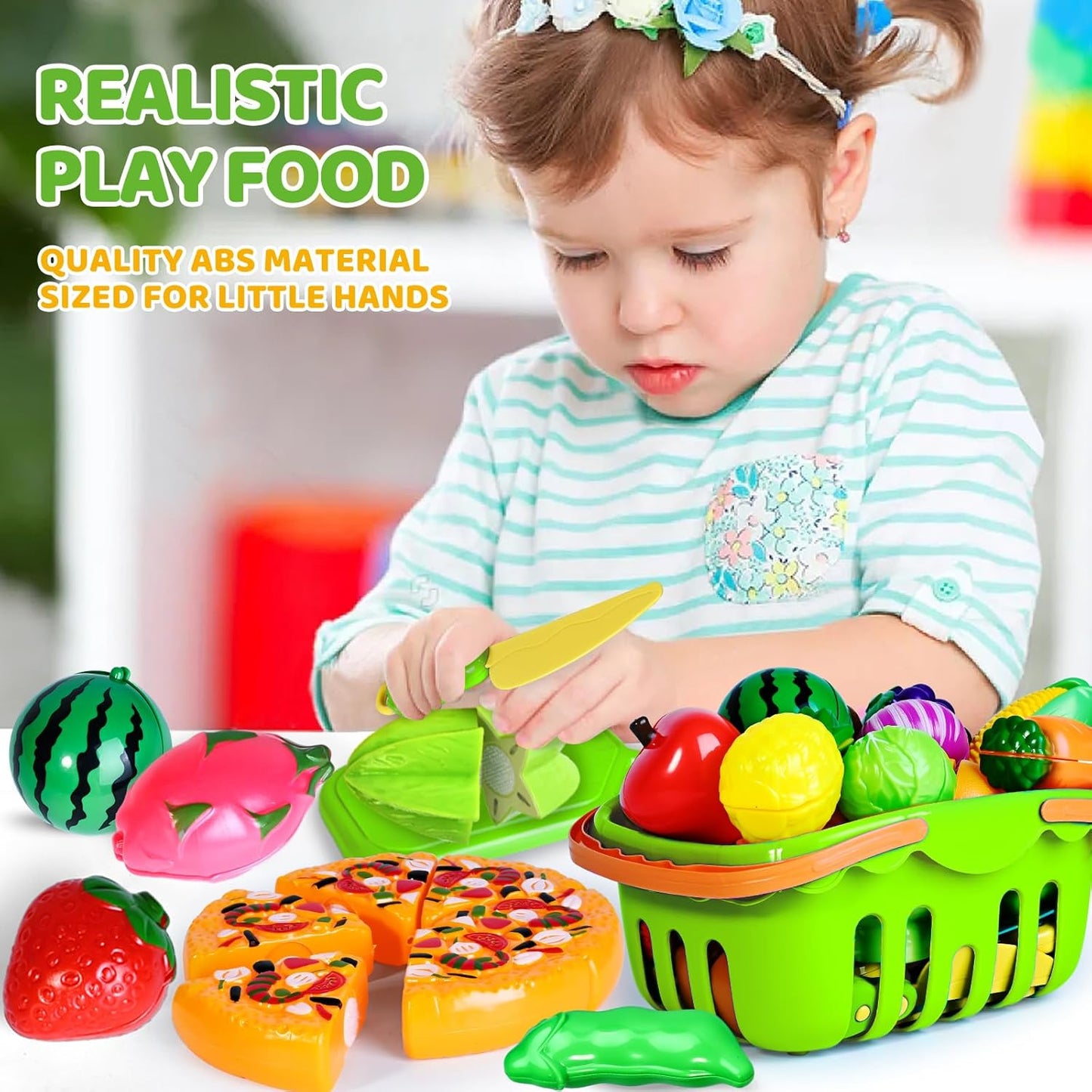 100 PCS Cutting Play Food Toy for Kids Kitchen, Pretend Food Toys for Toddlers, Play Kitchen Toys Accessories with 2 Baskets, Fake Food/Fruit/Vegetable, Birthday Gifts for 3 4 5 Years Old Boys Girls