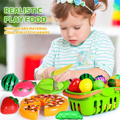 100 PCS Cutting Play Food Toy for Kids Kitchen, Pretend Food Toys for Toddlers, Play Kitchen Toys Accessories with 2 Baskets, Fake Food/Fruit/Vegetable, Birthday Gifts for 3 4 5 Years Old Boys Girls