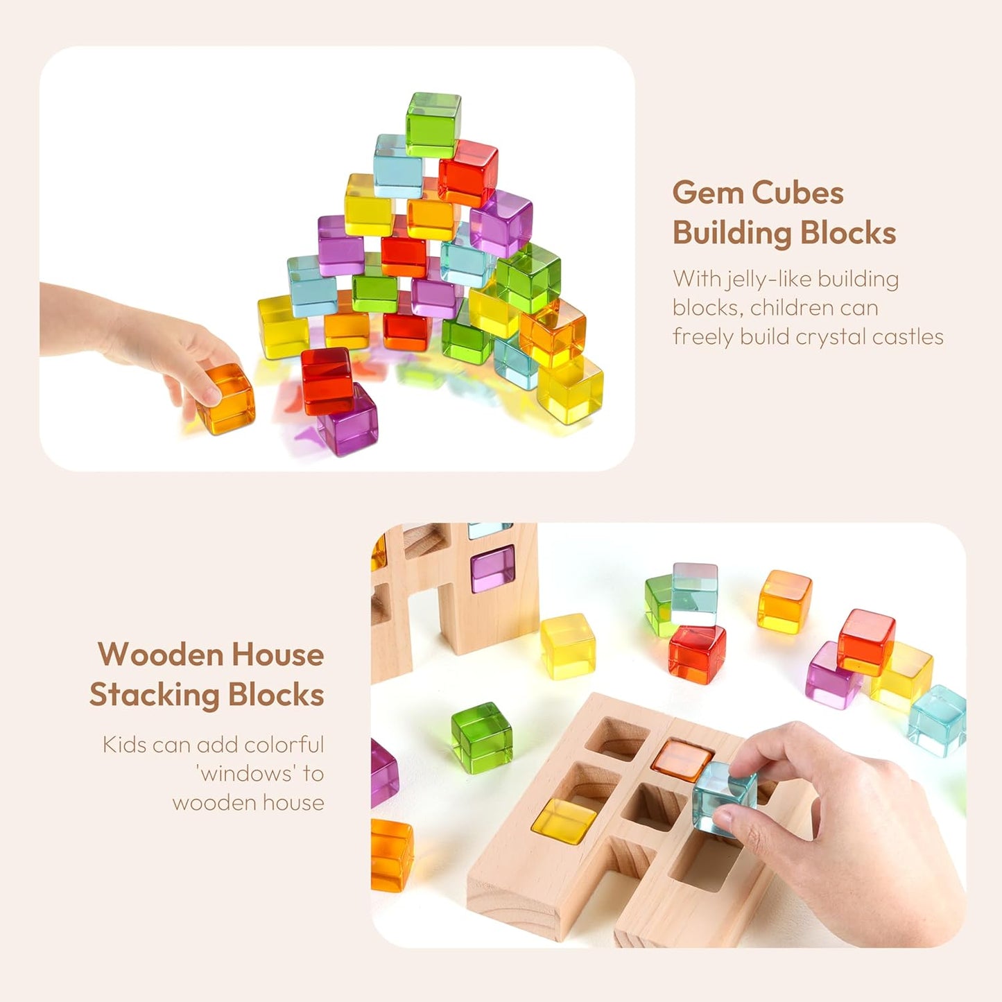 Woodtoe Wooden Building Blocks Set for Kids, 36 PCS Rainbow Acrylic Gem Blocks - 3 Wood House, Montessori Stacking Toy for Toddlers, Educational STEM Birthday Creative Toy Gift for Boys Girls 3-6