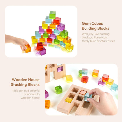 Woodtoe Wooden Building Blocks Set for Kids, 36 PCS Rainbow Acrylic Gem Blocks - 3 Wood House, Montessori Stacking Toy for Toddlers, Educational STEM Birthday Creative Toy Gift for Boys Girls 3-6