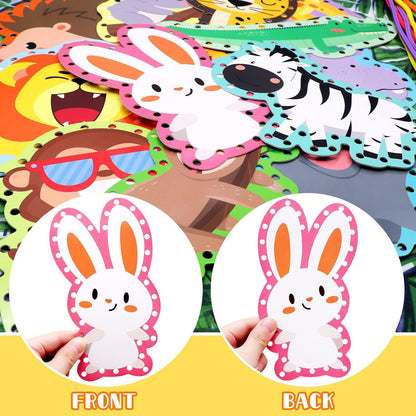 kapitomanio 12pcs Kids Lacing Cards, Cardboard Animals Sewing Cards with 12 Colorful Laces, Double Sided Lacing Playing Games for Kids Gifts