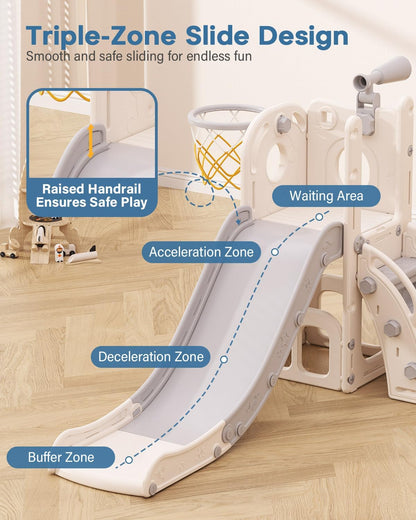 Babytronic Toddler Slide, 6 in 1 Kids Indoor Slide for Toddlers 1-3, Baby Indoor and Outdoor Climber Playset, Kids Slide with Basketball Hoop and Telescope, Toddler Outdoor Playground (Blue&Yellow)