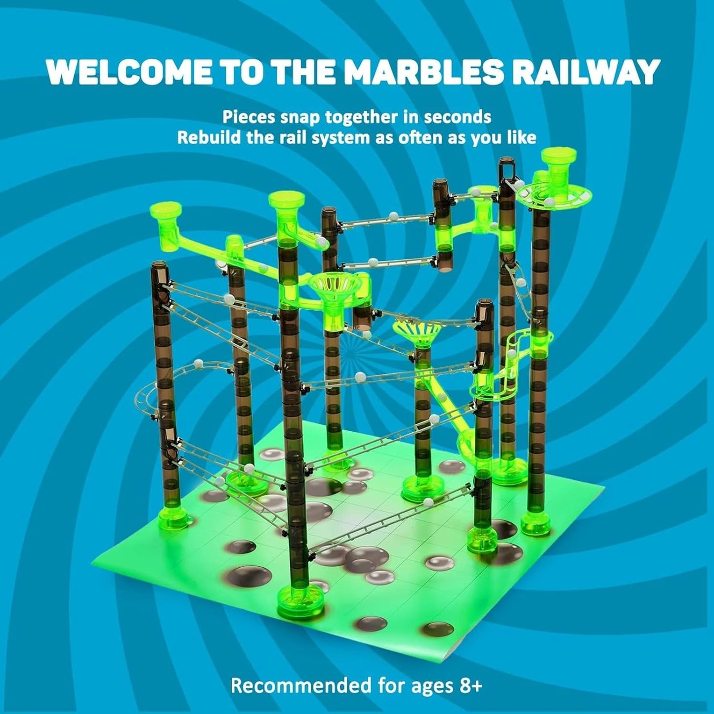 Marble Genius Marble Rails Starter Set, 200 Piece Marble Run for Kids 8+ (30 Marbles, 30 Rail Pieces, 12 Base Pieces & More), STEM, Full-Color Instructions, Great for Kids & Teens