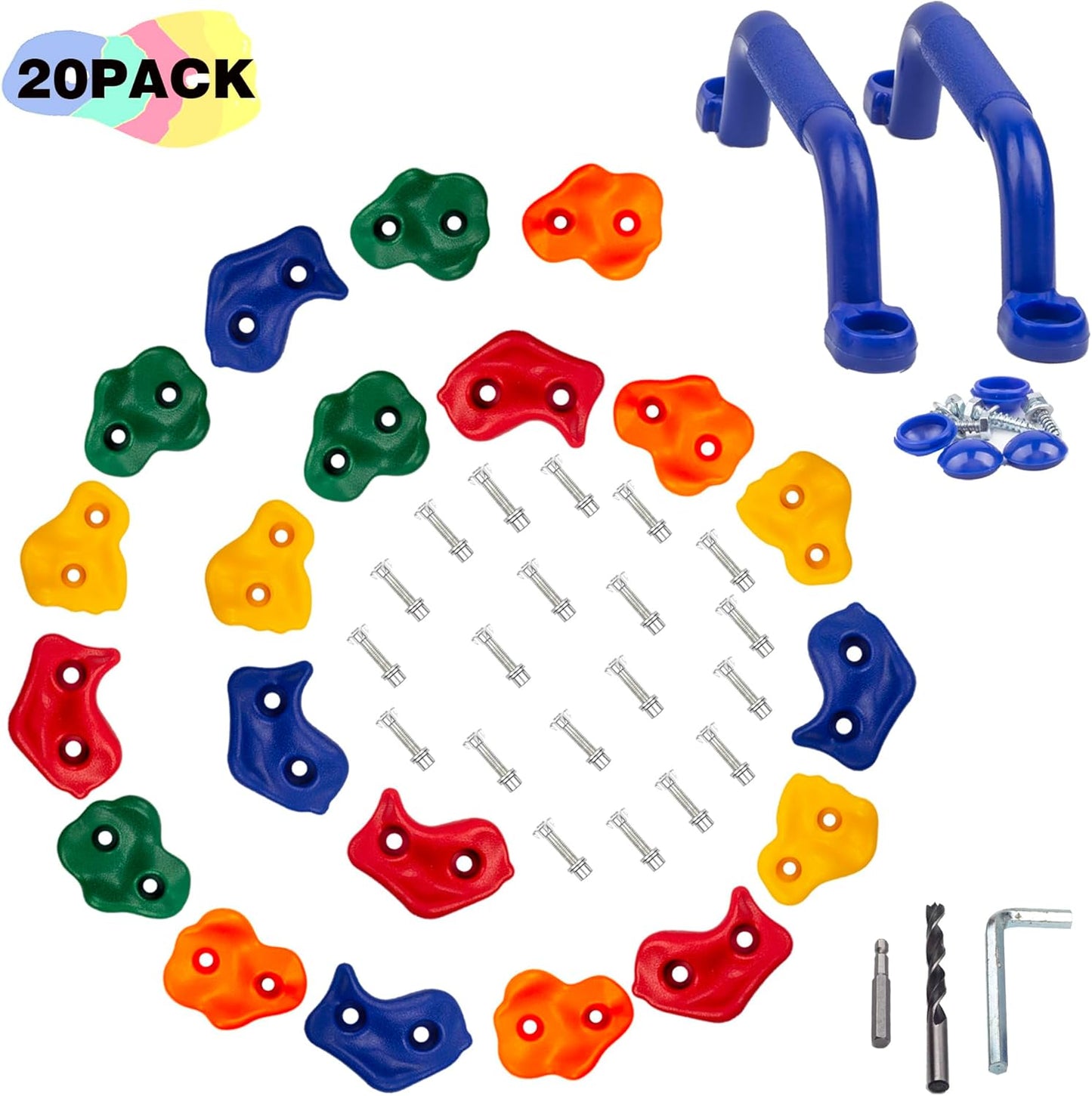 KINSPORY 10Pc Colourful Pig Nose Shape Children Rock Climbing Holds Indoor Outdoor Kids Playground Build with Two Blue Handles - Mounting Hardware Kit Included