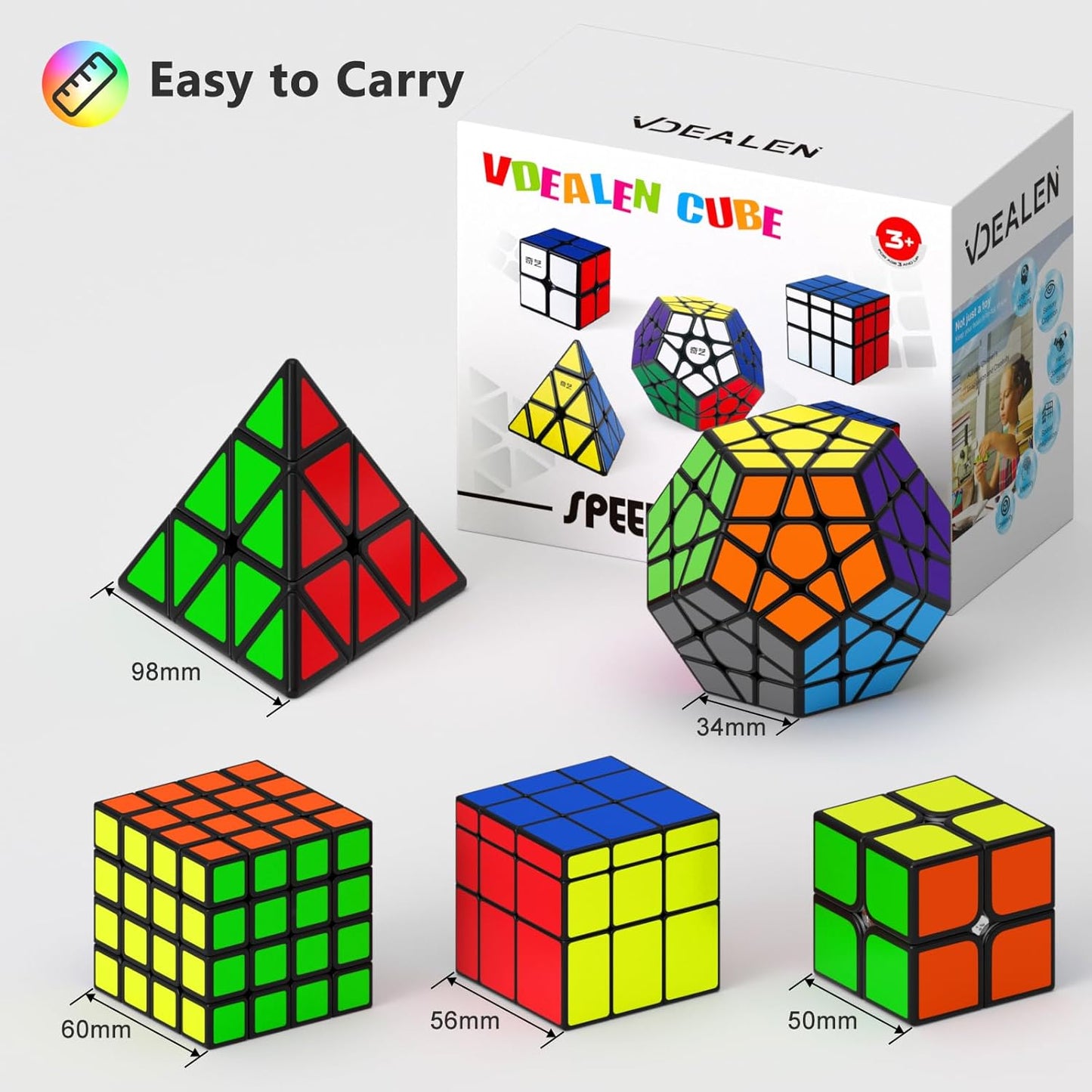 Vdealen Speed Cube Set, 7 Pack Puzzle Cube Bundle Fidget Ball 2x2 3x3 4x4 Pyramid Dodecahedron Rainbow Snake Magic Cube, Smooth Cube Game Toys Gift for Kids & Adults
