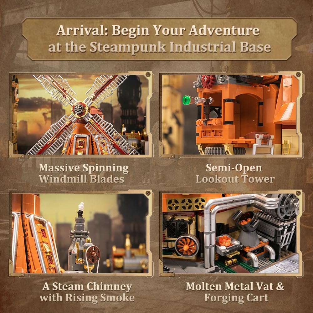 PANTASY Steampunk Windmill Workshop Building Set - Dutch Windmill Architecture with Mechanical Drive with Motorized Rotating Blades,Gear Details,and Openable Wall - Collectible Display Kit for Adults