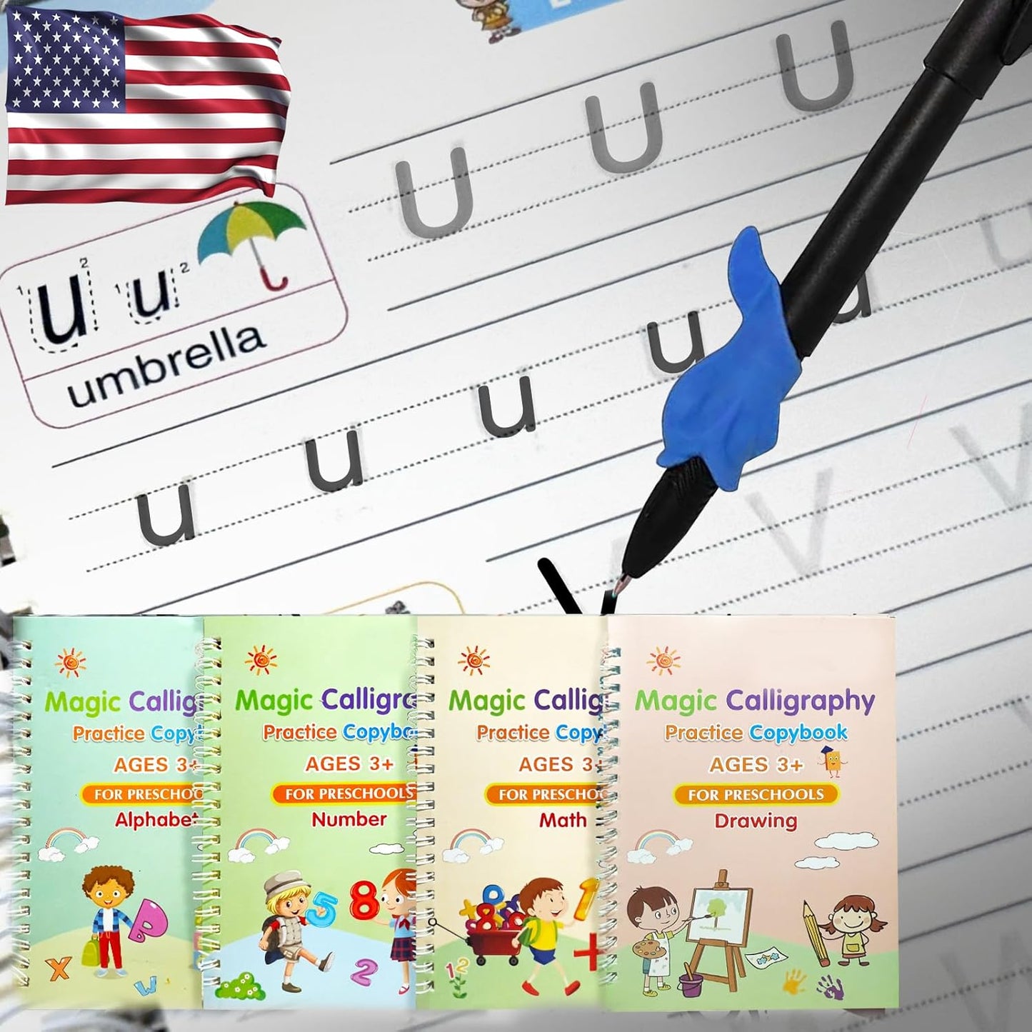 4 Magic Tracing Practice Books – Grooved Handwriting Arabic Copybooks for Kids, Reusable Writing Practice Workbooks Without Tears, Disappearing Ink for Toddlers Preschool Learn (Arabic)
