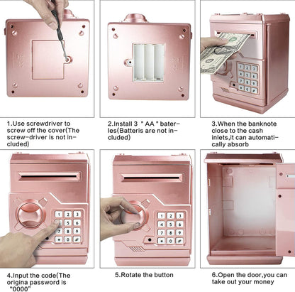 Mini ATM Piggy Bank ATM Machine Best Gift for Kids,Electronic Code Piggy Bank Money Counter Safe Box Coin Bank for Boys Girls Password Lock Case (Rose Gold)