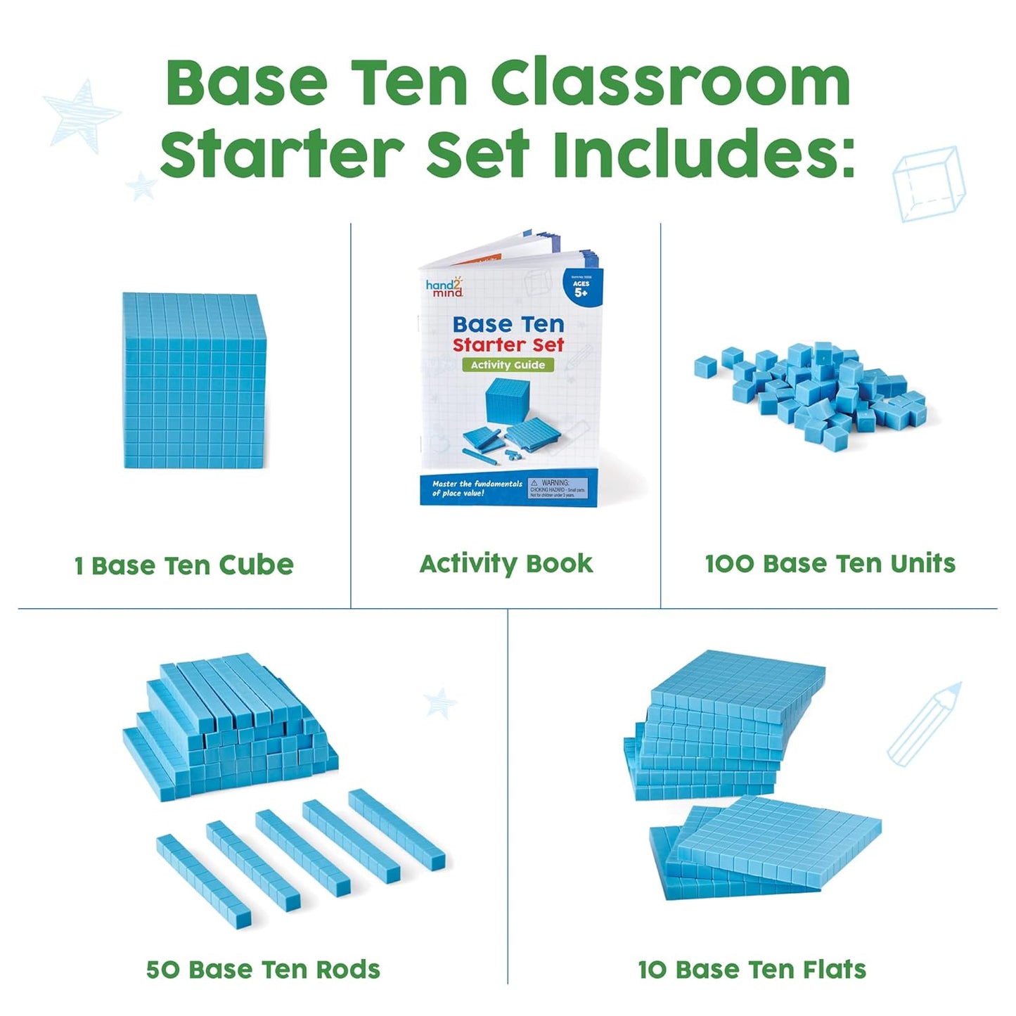hand2mind Blue Plastic Base Ten Blocks Complete Set, Place Value Blocks, Counting Cubes for Kids Math, Base Ten Blocks Classroom Set, Math Blocks Kindergarten, Base 10 Math Manipulatives (Set of 644)
