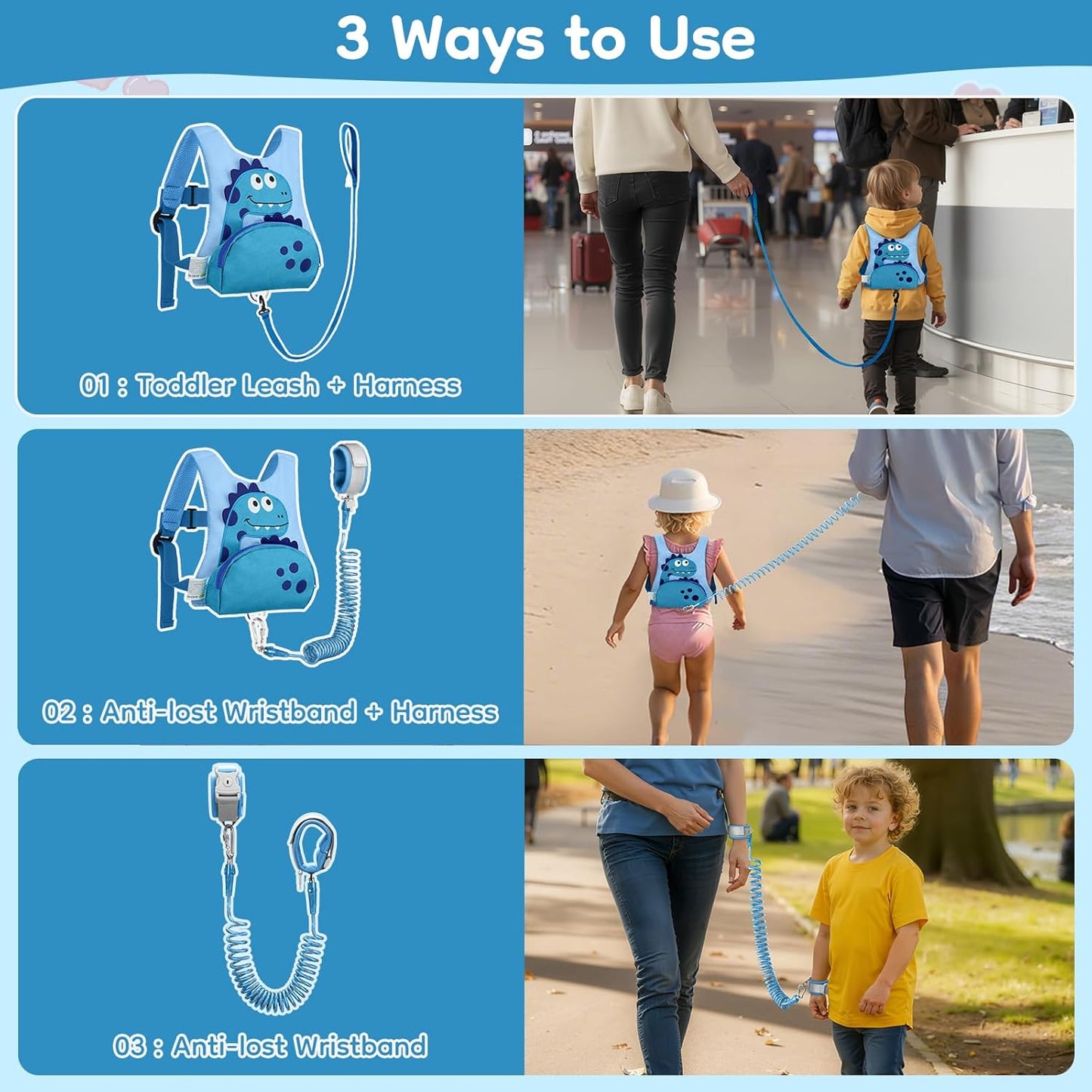 Dr.meter 3 in 1 Toddler Harness Leash + 8.2ft Anti Lost Wrist Link, Cute Dinosaur Kids Safety Harness Tether with Key Lock, Child Protective Leashes While Walking for Outdoor Activity Keep Kids Close