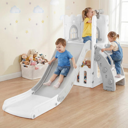 OLAKIDS Toddler Slide and Swing Set, 7 in 1 Kids Indoor Outdoor Playground with Climber Basketball Hoop Telescope Toy Storage for Boys Girls Aged 1+ (Grey)