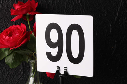 New Star Foodservice 23084 1-100 Double Side Plastic Table Numbers, 4" x 4" Inch, Light Grey on Black