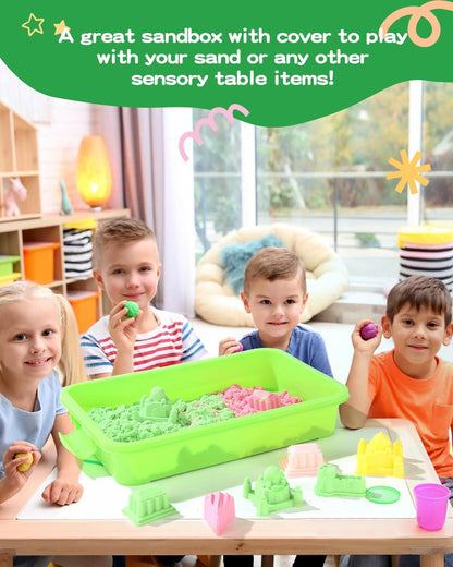 Sensory Bin Sand Tray with Lid for Toddlers 2 Pcs 15in Portable Sandbox Toy Large Plastic Tray for Kids 3 4 5 6 Fill with Sand, Water, Beads, and More (Green+Blue)