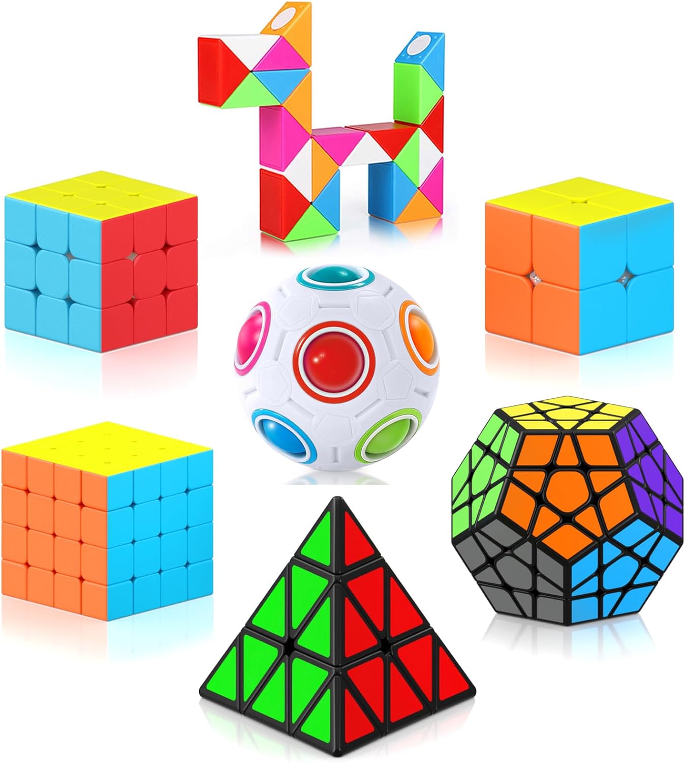 Vdealen Speed Cube Set, 7 Pack Puzzle Cube Bundle Fidget Ball 2x2 3x3 4x4 Pyramid Dodecahedron Rainbow Snake Magic Cube, Smooth Cube Game Toys Gift for Kids & Adults