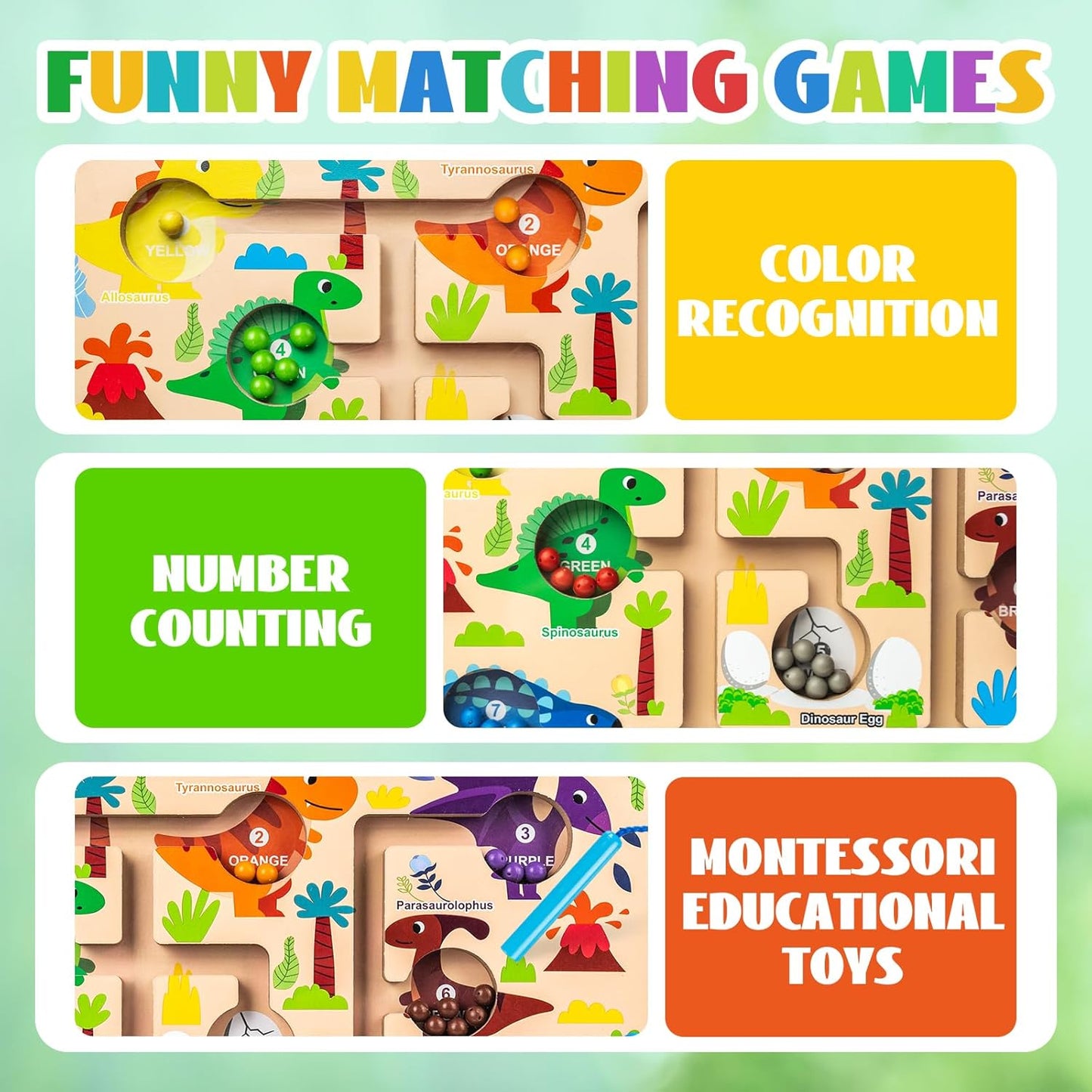Magnetic Color and Number Maze, Commodum Montessori Counting Matching Learning Puzzle Board, Dinosaur Wooden Magnet Maze Game, Toddler Fine Motor Skills Travel Toys for Boys Girls 3 4 5 Years Old
