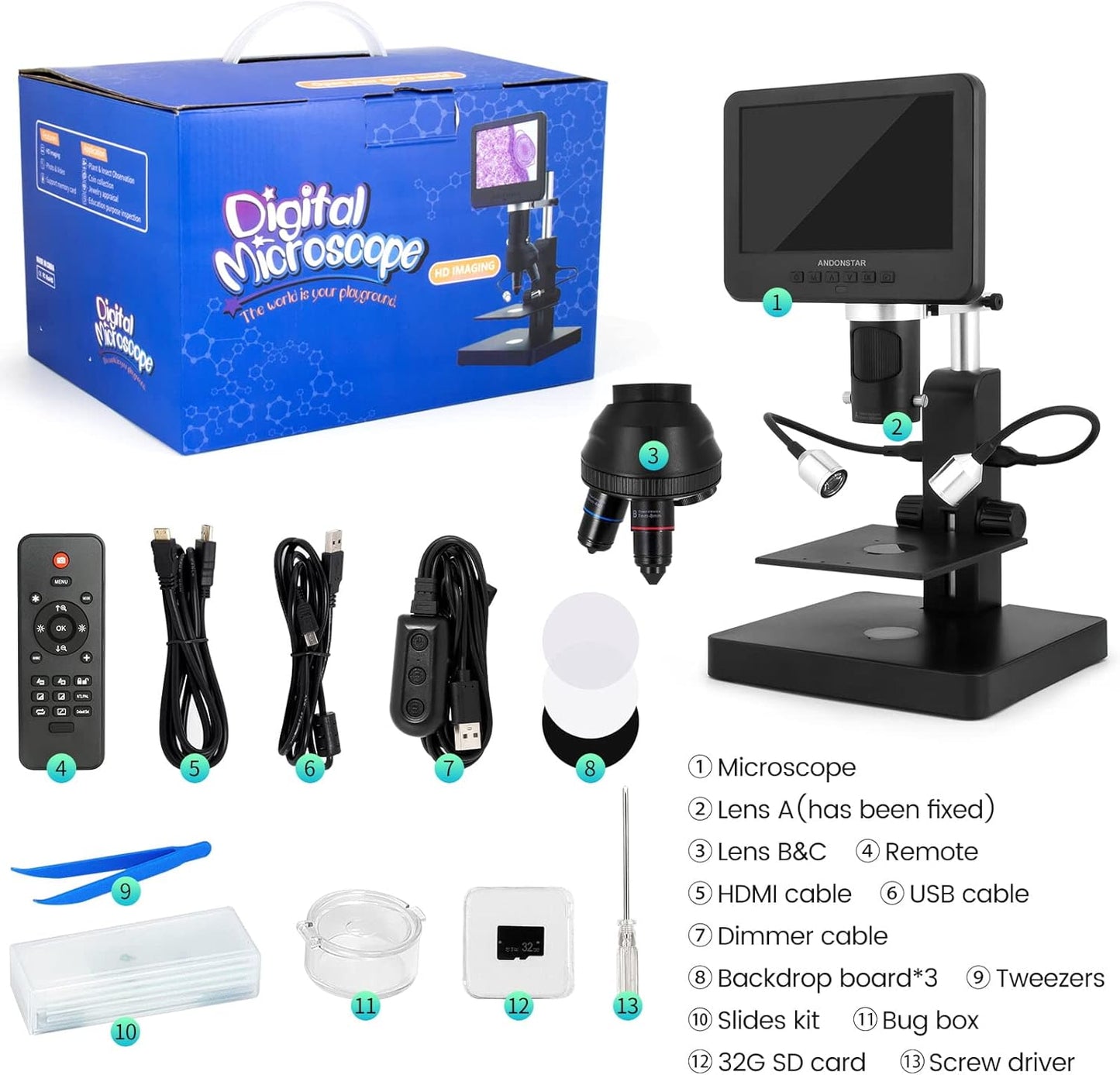 Andonstar AD246S-P HDMI Digital Microscope with 7'' Screen, 4000x 3 Lens 2160P UHD Video Record, Coin Microscope for Error Coins, Biological Microscope Kit for Adults and Kids, Prepred Slides