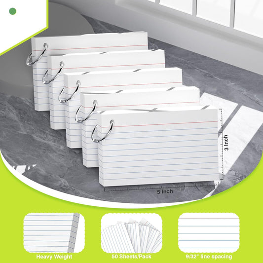 250 Sheets Colored Index Cards with Ring 3 x 5 Inch Heavyweight Ruled Flash Cards, Flashcards with Ring for School & Office Supplies and Home Organization, Durable Study To Do List Lined Note Cards