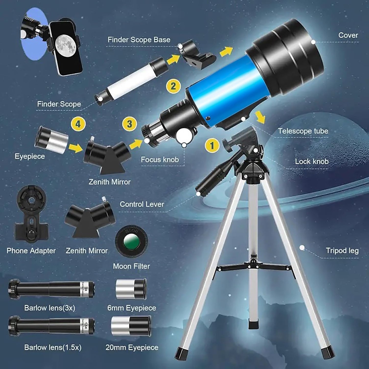 Astronomical Astronomical Telescope 150X High-Powered,Portable with 70mm Aperture (HD Refractor, Tripod, Phone Adapter, and Wireless Remote) Ideal for Stargazing and Space Exploration