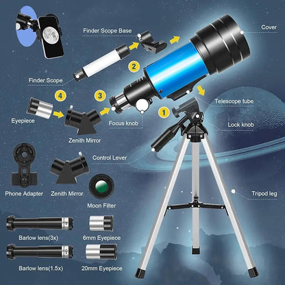 Astronomical Astronomical Telescope 150X High-Powered,Portable with 70mm Aperture (HD Refractor, Tripod, Phone Adapter, and Wireless Remote) Ideal for Stargazing and Space Exploration