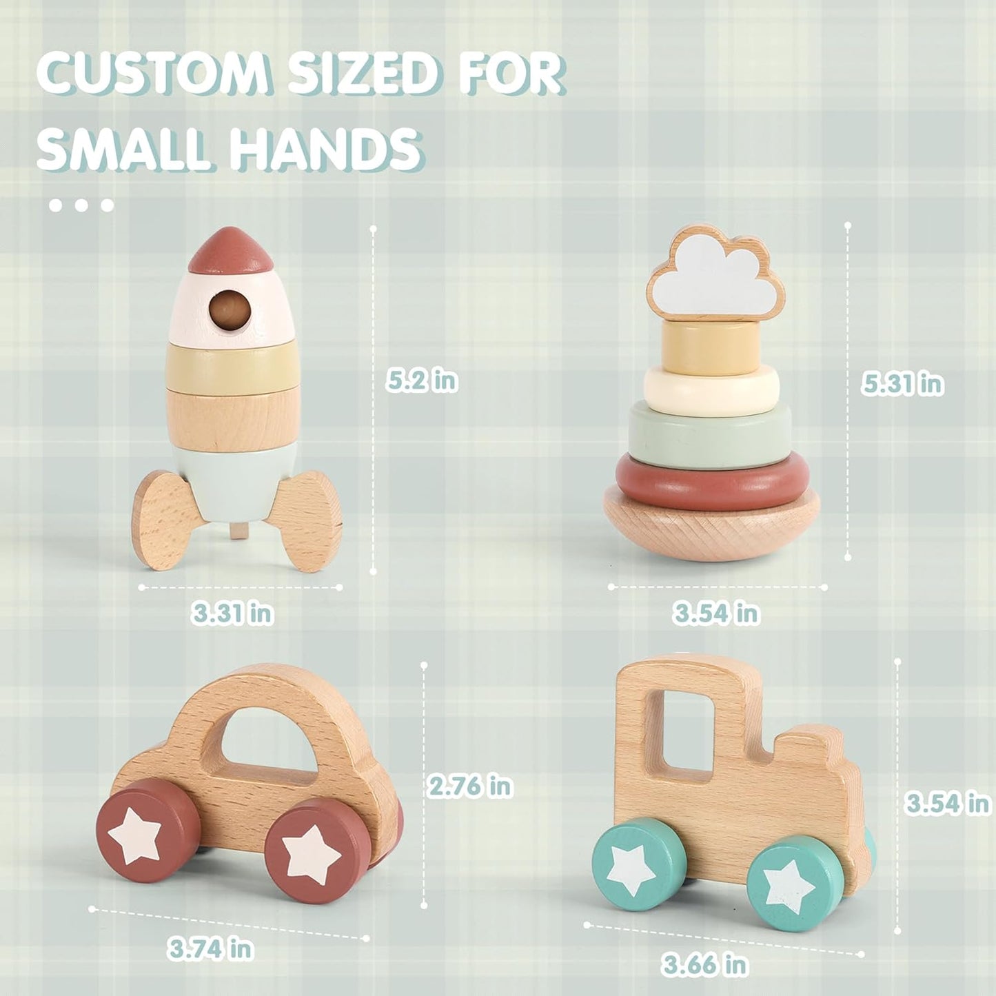 FReniland Wooden Montessori Toys, 4-Piece Wooden Baby Toy, Rainbow Stacking Ring,Car Push and Pull Toy, Rocket Stacking Ring Babys Toys,Newborn Baby Gift Sets for Boys and Girls