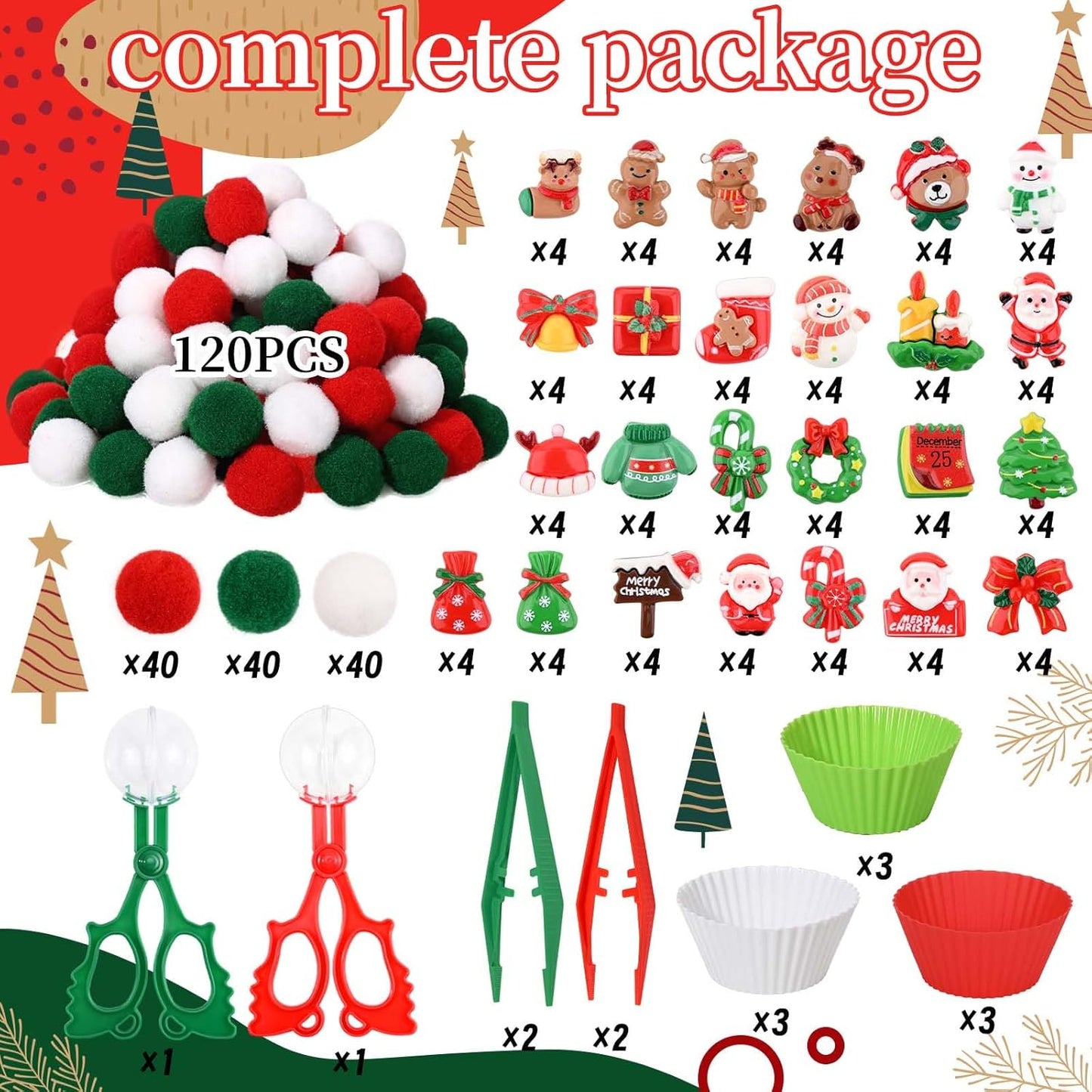 203 Pcs Christmas Sensory Bin Fillers Santa Fine Motor Skills Christmas Sensory Bin Item Pompoms Cups Tweezers Scissor Clips for Activities Sorting Counting (Style 1)
