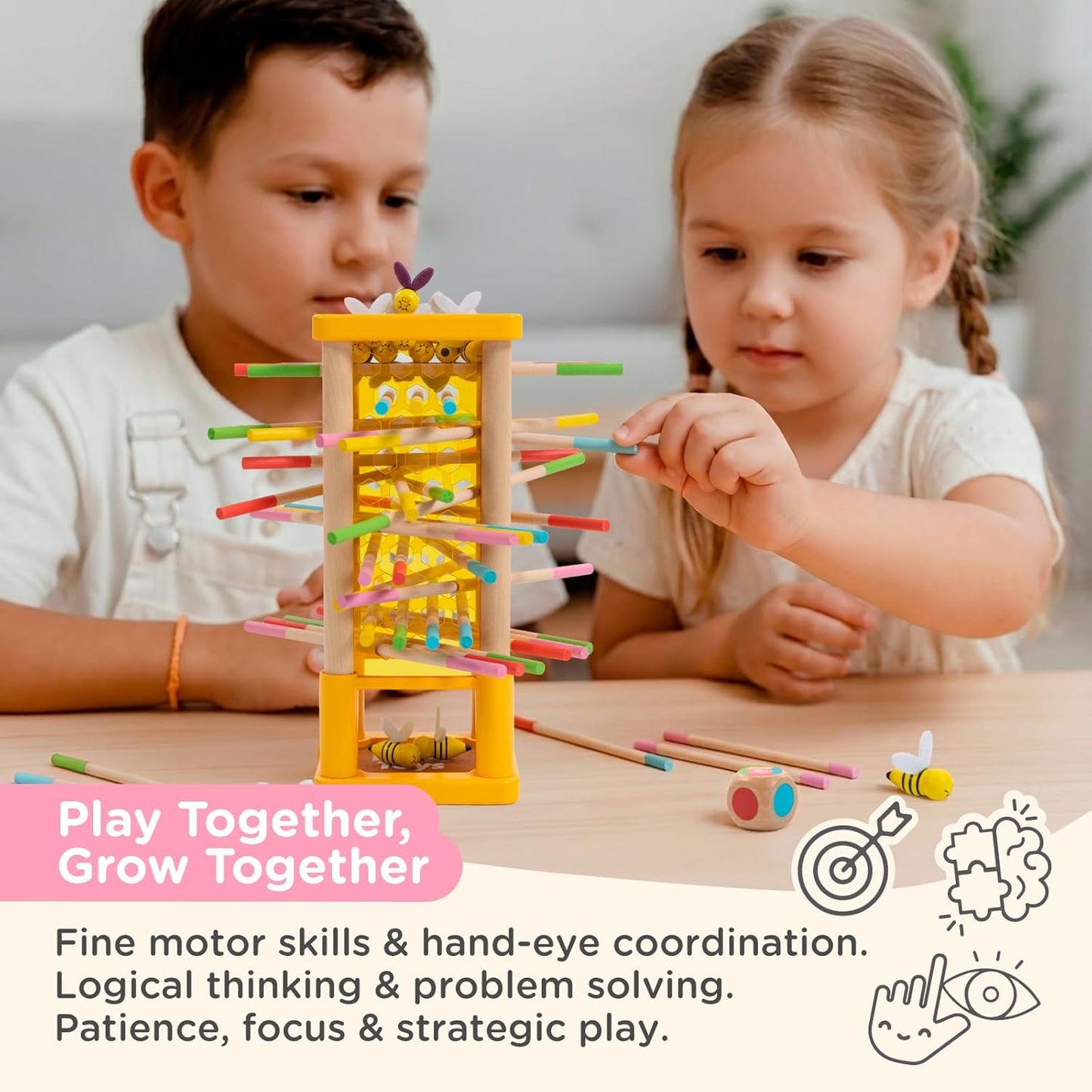 Nene Toys BeeFall Jumbo, 4-in-1 Wooden Honey Bee Toy for Kids Ages 3-9 - Educational Game with Wooden Honeybee Hive, 12 Bees, Colorful Sticks, Dice & Cards - Fun Family Game for Cognitive Development