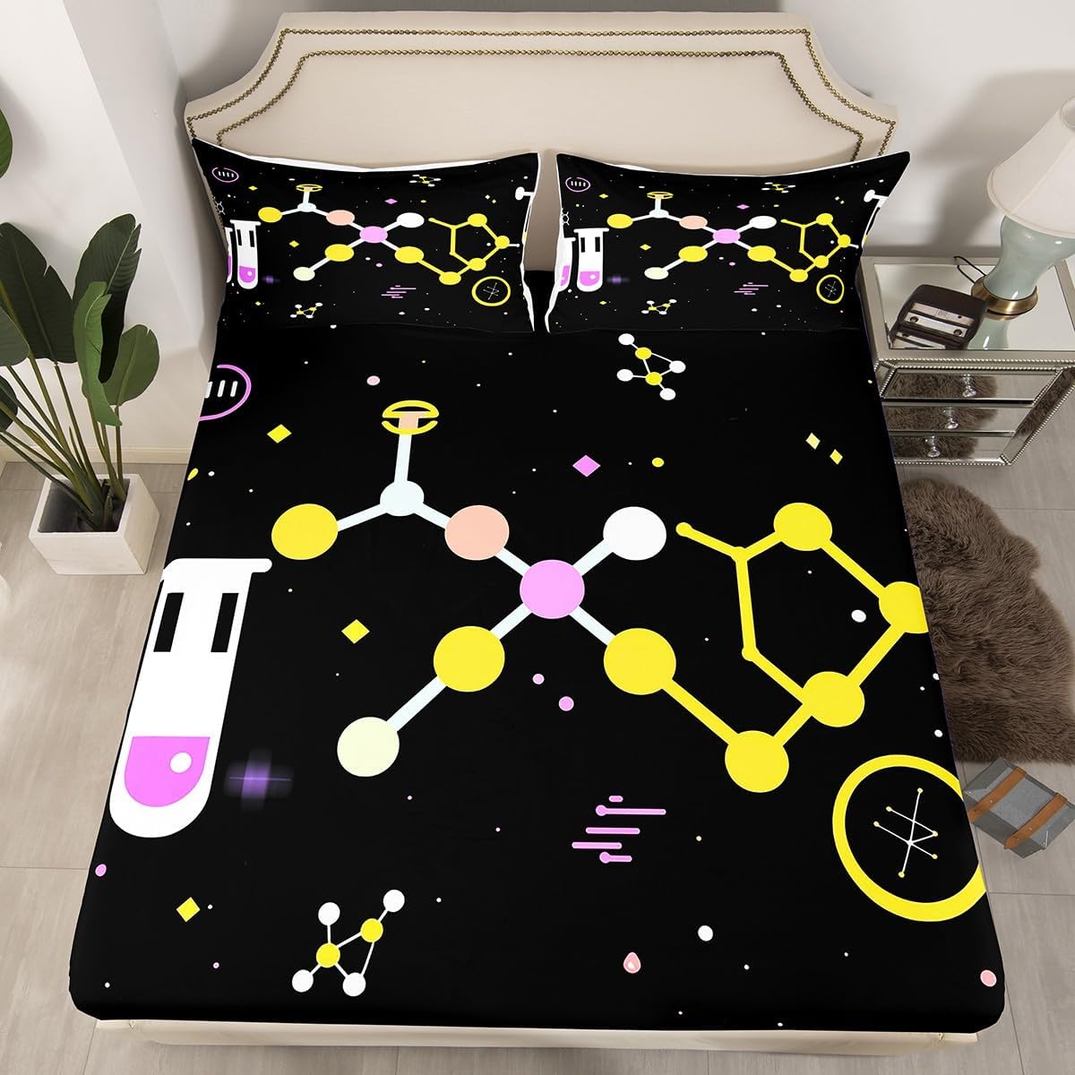 Chemistry Bed Sheets for Kids Teens Girls Boys,Chemical Experiment Fitted Sheet Twin,Science Themed Sheets for Math Lovers,Chemistry Lab Bedding Set,White and Black
