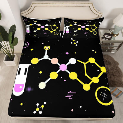 Chemistry Bed Sheets for Kids Teens Girls Boys,Chemical Experiment Fitted Sheet Twin,Science Themed Sheets for Math Lovers,Chemistry Lab Bedding Set,White and Black