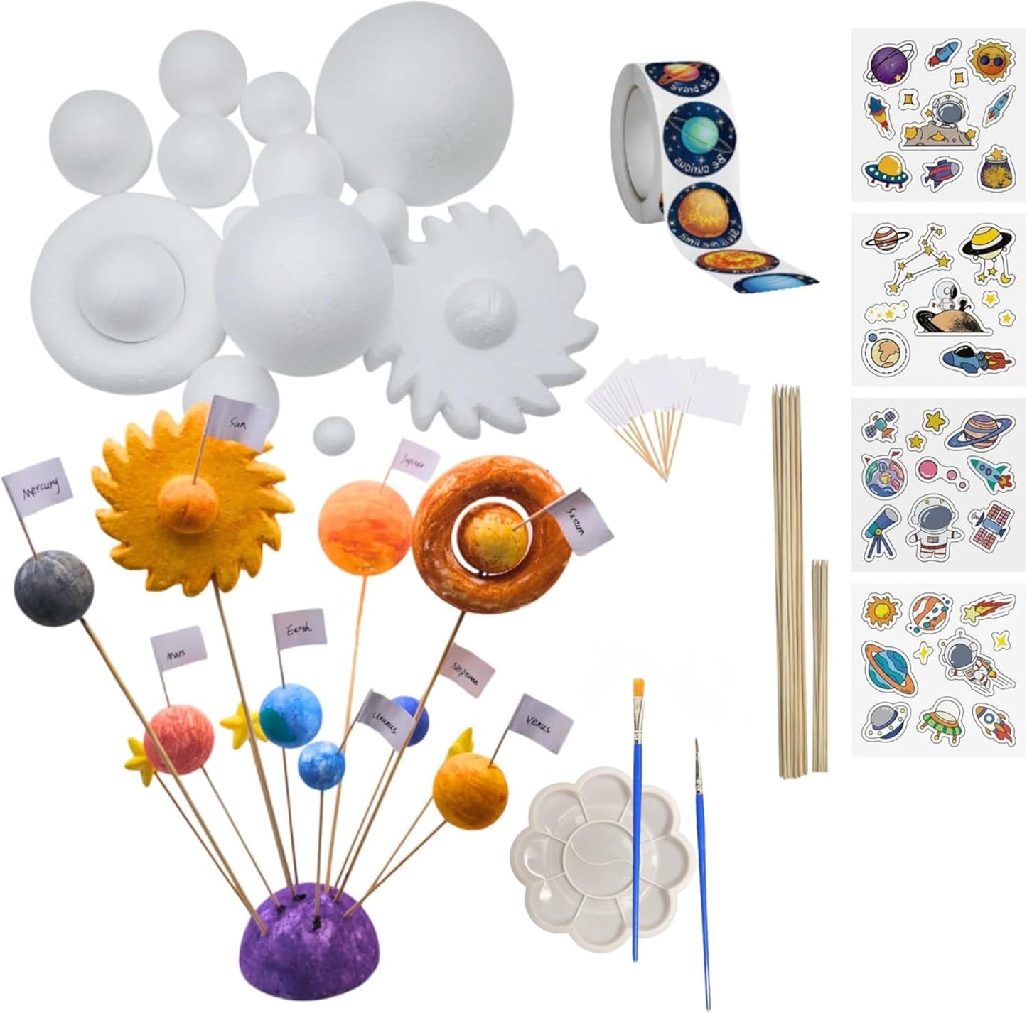 Solar System Model Kit for Crafts, Solar System Project Kit Include Foam Balls, Mixing Tray, Brushes, Sticks, Flags, Stickers (58 Pack Set)