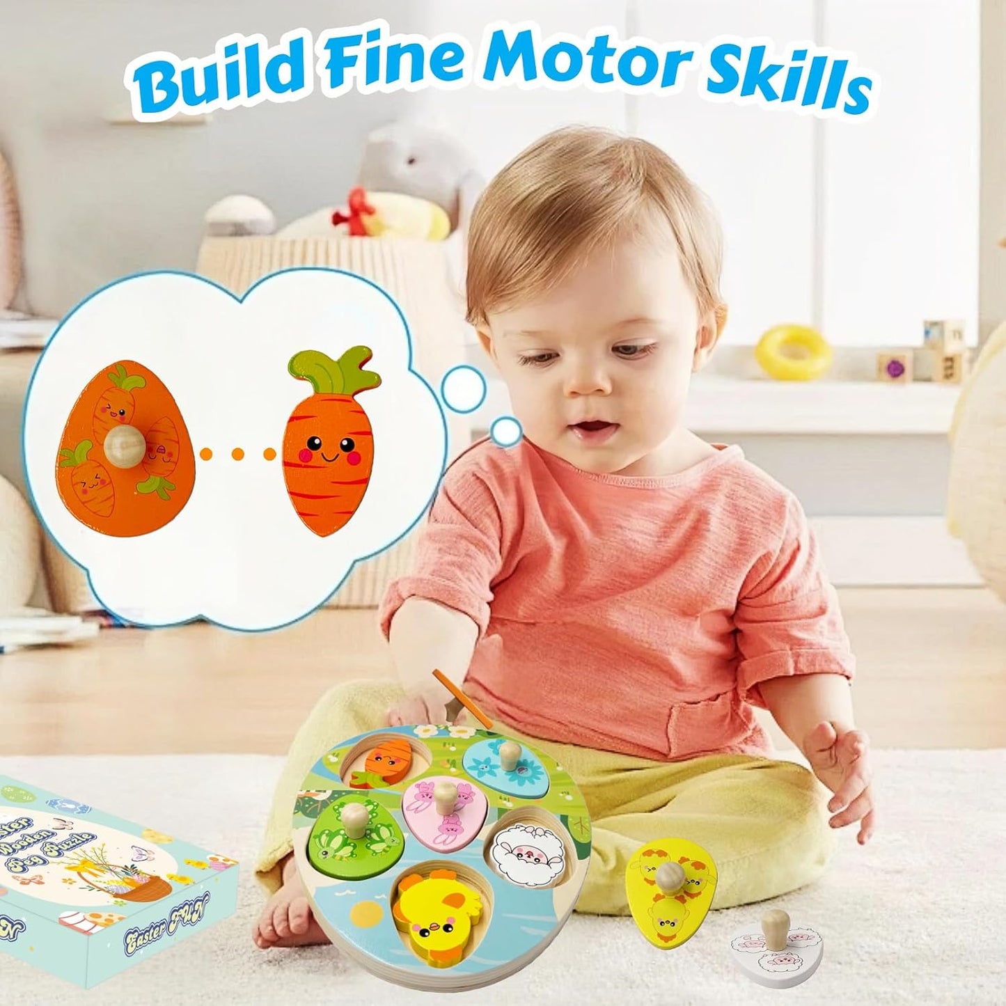 Easter Wooden Peg Puzzles Montessori Educational Toys for Toddlers 1-3 Years, Easter Basket Stuffers Party Favors for Boys Girls