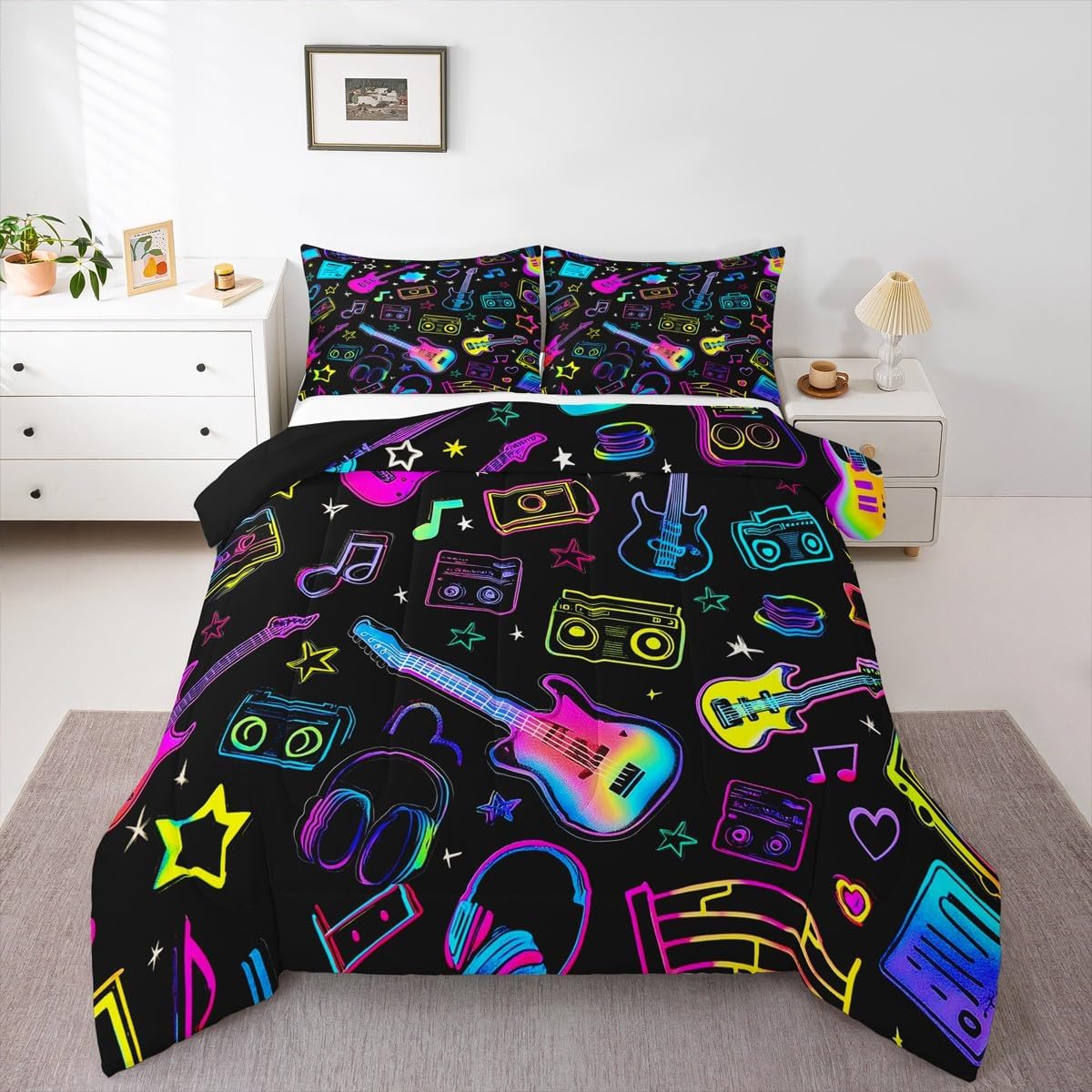 Erosebridal Drum Kit 3D Print Kids Comforter Sets Rock Music Themed Full Bedding Set for Boys Girls Musical Pattern Comforter Set,Colorful Retro Style Quilt Duvet 3 Pcs
