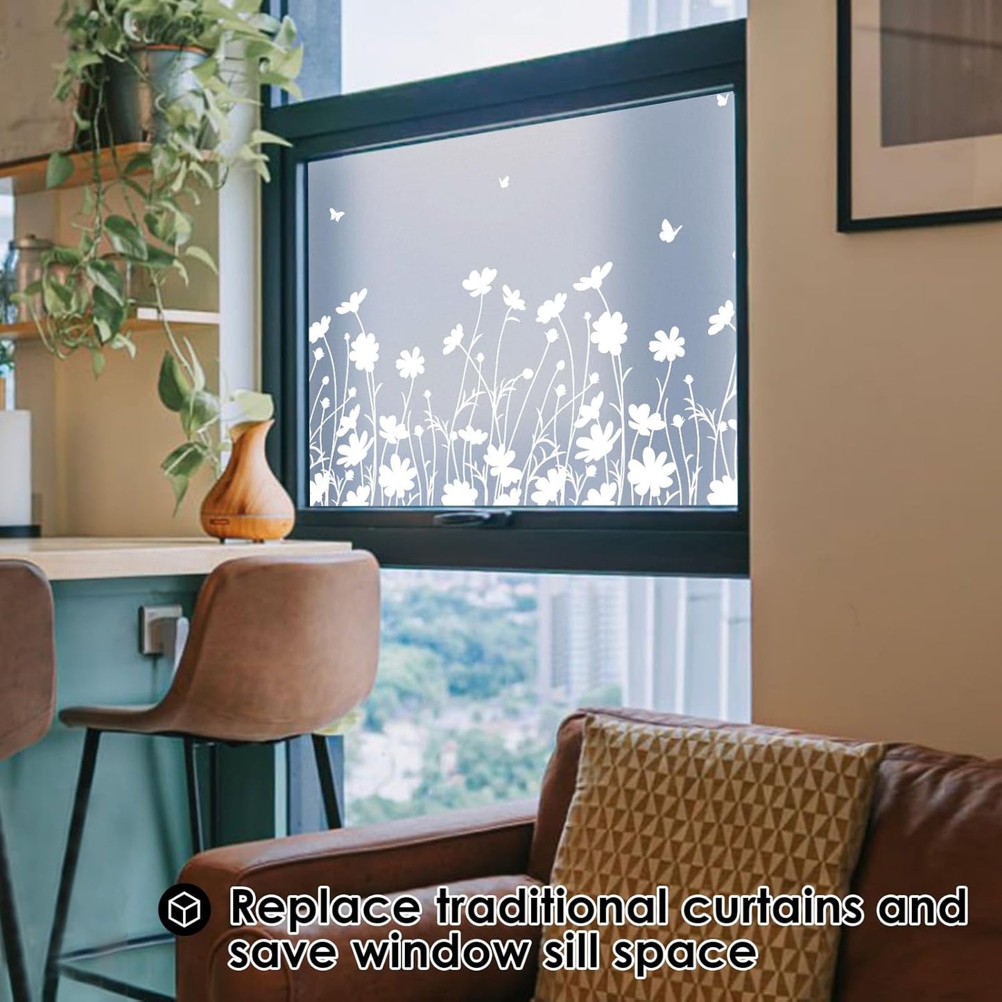 DKTIE Window Privacy Film Flowers Pure White Pattern Stained Glass Window Film Decorative Frosted Glass Window Film Sun Blocking Heat Control Static Cling (A274, 17.5" x 78.7")