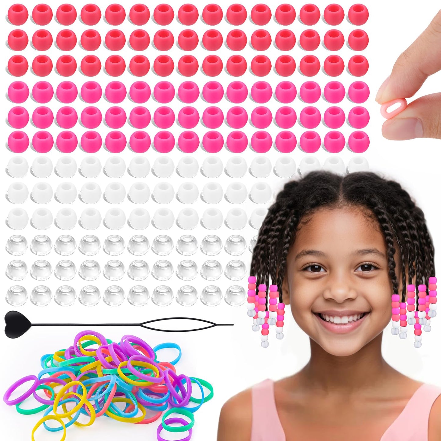 150Pcs 10mm Small Silicone Beads for Hair Braids, Soft Jellyish Pony Hair Beads with 5mm Hole + 50 Rubber Bands and 1 Beader for Braiding, DIY Bracelets Necklaces Crafts (Pink)