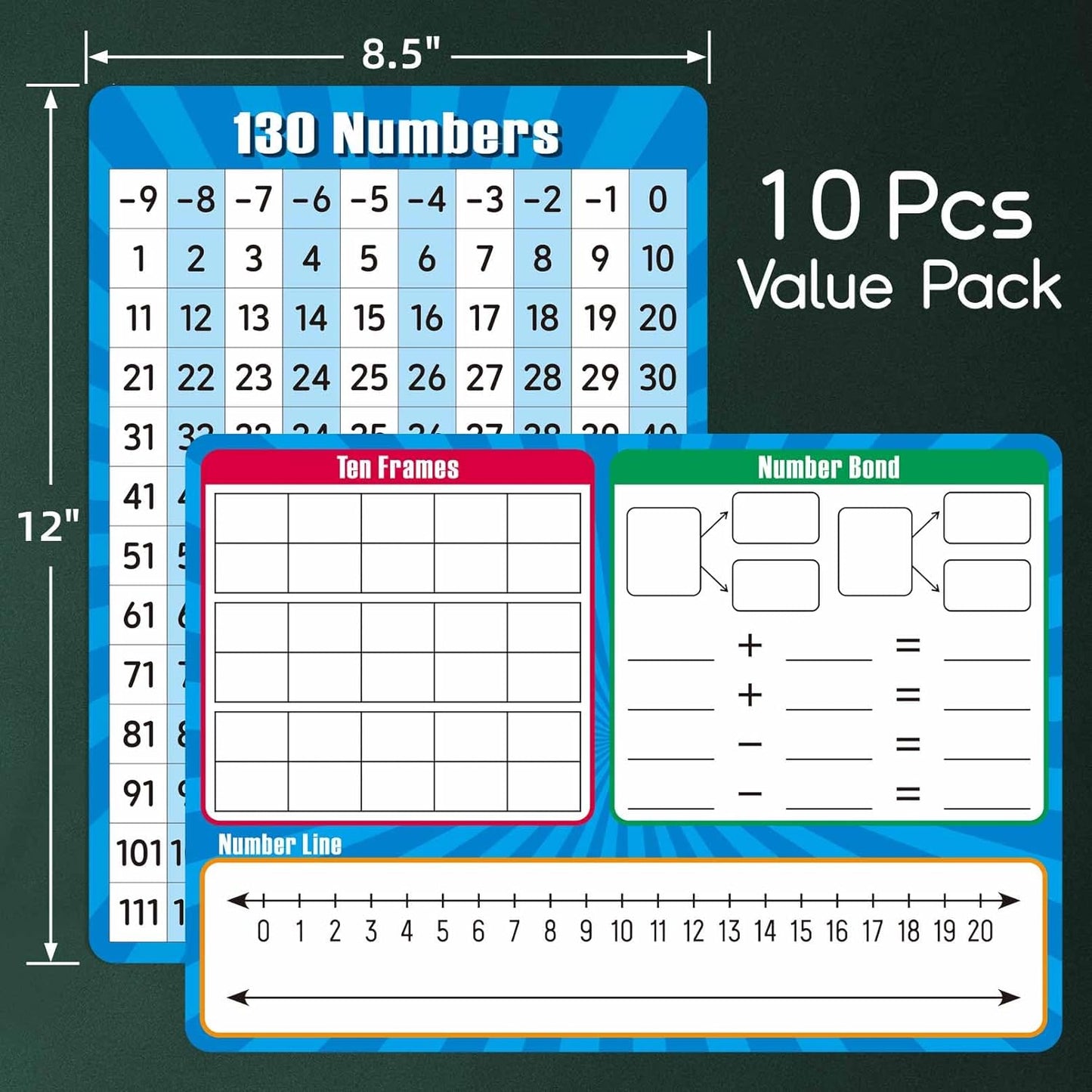 10 Pack Dry Erase Number Line Board Card, 9" x 12" Double Sided 130 Number Chart Math Manipulatives Game Chart, Teacher Classroom Must Haves Dry Erase Whiteboard Home Classroom Supplies