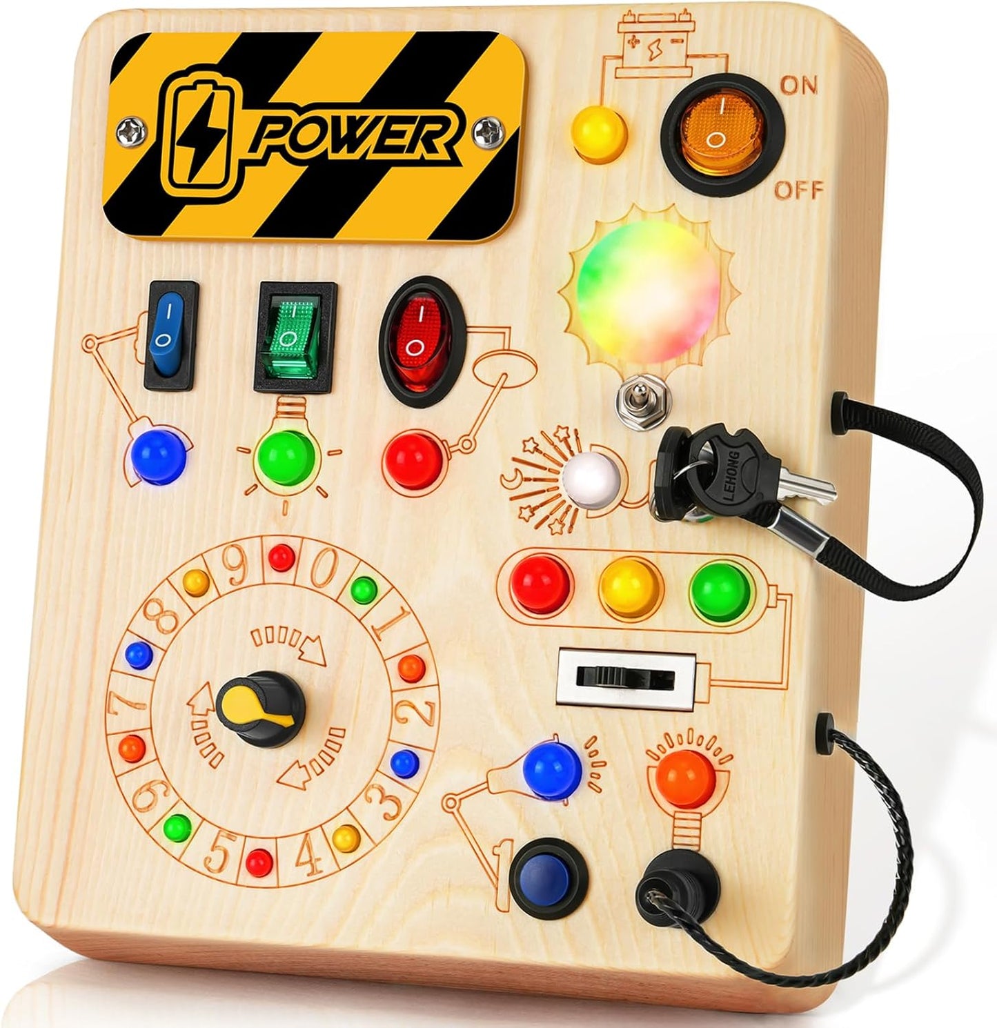 Busy Board with Led Light, Montessori Toys for 1-3 Years Old Boys Girls Wooden Toddler Toys Birthday Gift Educational Toys for 1+ Year Old, Toddler Travel Toy Sensory Toys for Kids with Autism