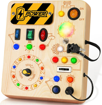 Busy Board with Led Light, Montessori Toys for 1-3 Years Old Boys Girls Wooden Toddler Toys Birthday Gift Educational Toys for 1+ Year Old, Toddler Travel Toy Sensory Toys for Kids with Autism