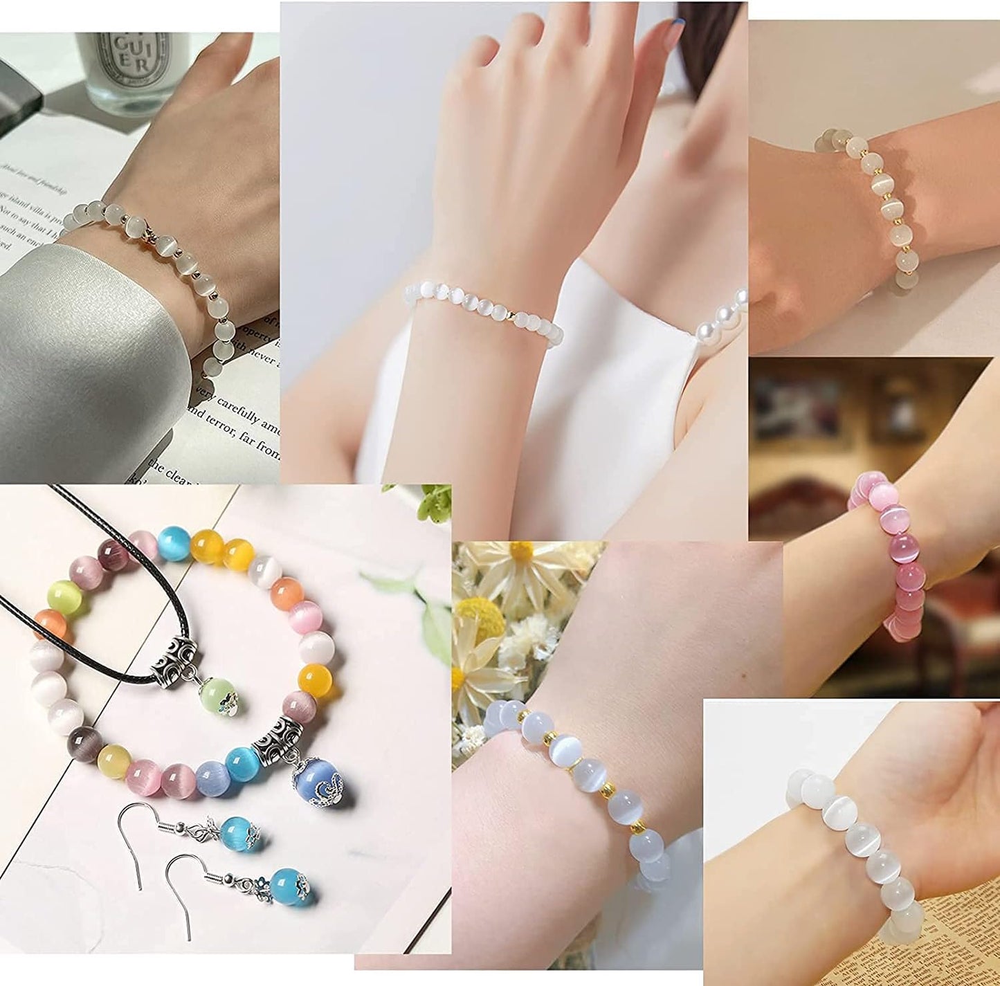 HAAMIIQII 8mm Light Blue Cat Eye Glass Round Crystal Stone Loose Gemstone Beads for Jewelry Making Bracelets Necklaces Earrings Crafts (45-50pcs)